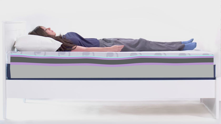 Video of woman sleeping on a Milton Sleep Co. 4.0 firm mattress with cutaway showing layers of support